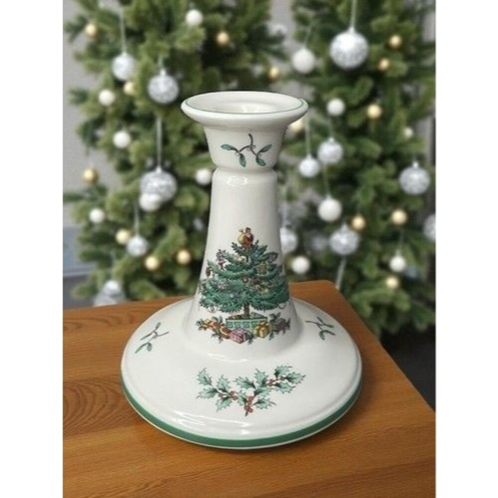 VTG Spode S3324M White/Green Christmas Tree Candlestick Holder 5.5" UK Porcelain